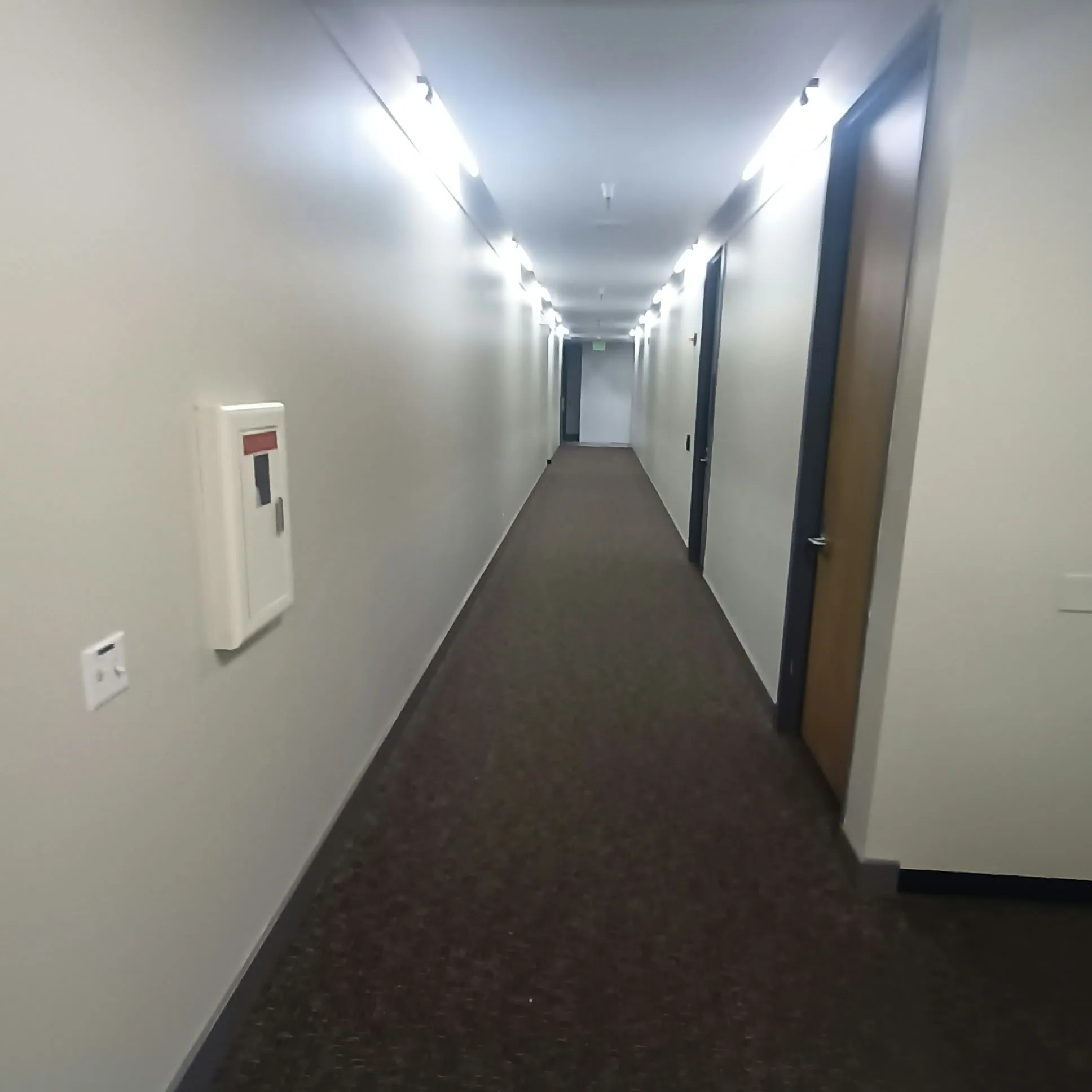 Commercial painting in San Jose, CA: long office corridor with freshly painted walls